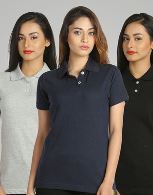 

Campus Sutra Solid Women's Polo Neck Black, Blue, Grey T-Shirt(Pack of 3)