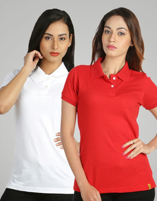 

Campus Sutra Solid Women's Polo Neck Red, White T-Shirt(Pack of 2)