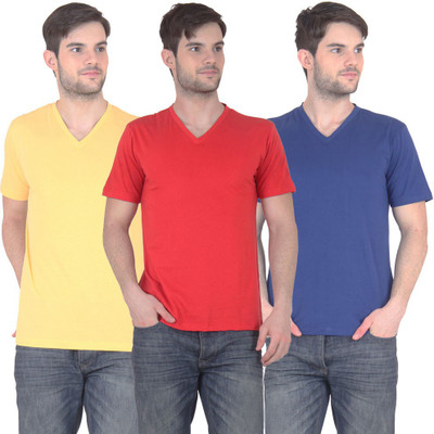 

E'Hiose Solid Men's V-neck Multicolor T-Shirt(Pack of 3, Blue;red;yellow