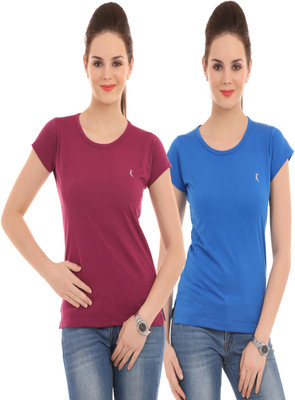 

Ultra Fit Solid Women's Round Neck Blue, Maroon T-Shirt(Pack of 2), Blue;wine
