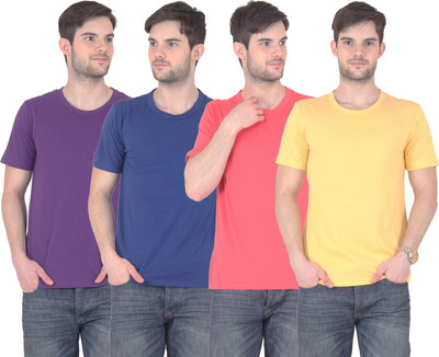 

E'Hiose Solid Men's Round Neck Multicolor T-Shirt(Pack of 4, Blue;gajri;purple;yellow