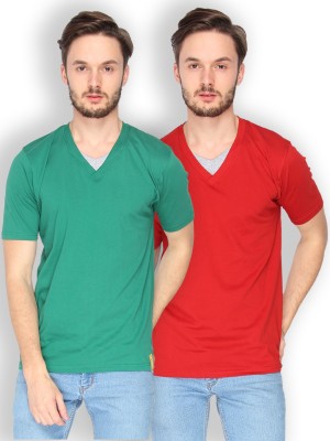 

Campus Sutra Solid Men V-neck Green, Red T-Shirt(Pack of 2