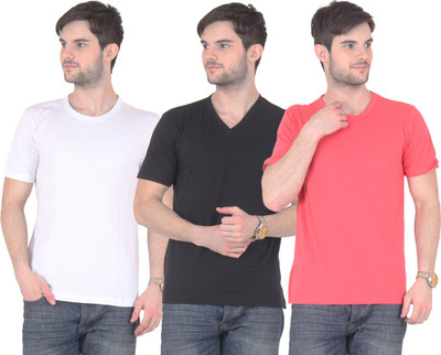 

E'Hiose Solid Men's V-neck Multicolor T-Shirt(Pack of 3, Black_v;white_r;carrot_r