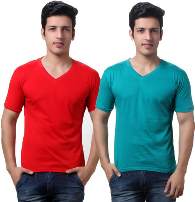 

TeeMoods Solid Men's V-neck Red, Green T-Shirt(Pack of 2), Red;sea green