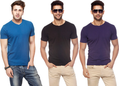 

Gritstones Solid Men's V-neck Multicolor T-Shirt(Pack of 3, Black;grey melange;indigo;maroon;navy