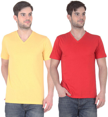 

E'Hiose Solid Men's V-neck Multicolor T-Shirt(Pack of 2, Red;yellow