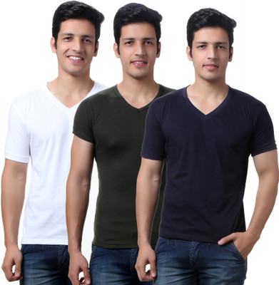 

TeeMoods Solid Men's V-neck Dark Green, Dark Blue, Yellow T-Shirt(Pack of 3), Dark blue;mehendi;yellow