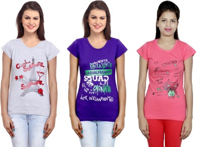 Indistar Printed Women Round Neck Purple, Pink, Grey T-Shirt