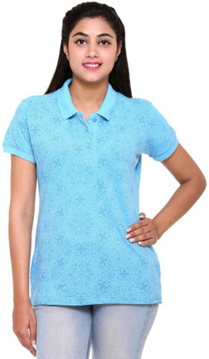 

Colors & Blends Printed Women's Polo Neck Blue T-Shirt, Sky blue