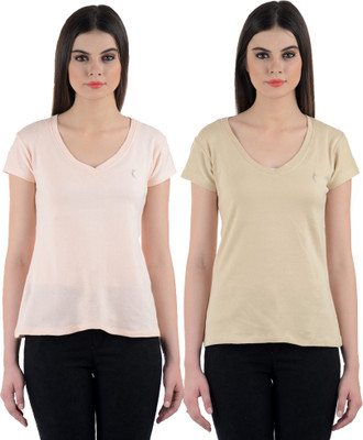 

Ultra Fit Solid Women's V-neck Multicolor T-Shirt(Pack of 2), Beige;pink