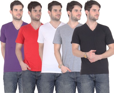 

E'Hiose Solid Men's V-neck Multicolor T-Shirt(Pack of 5, Black;grey;purple;red;white