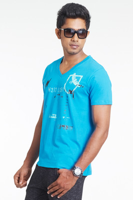 

Masculino Latino Printed Men's V-neck Blue T-Shirt