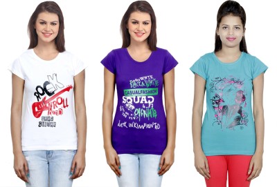 Indistar Printed Women Round Neck Purple, White, Blue T-Shirt