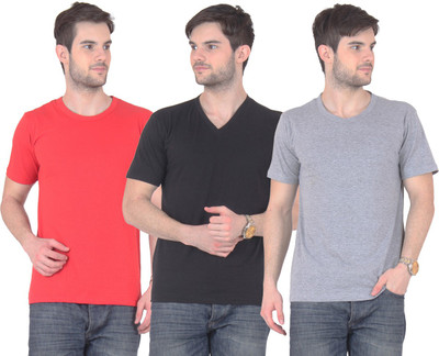 

E'Hiose Solid Men's V-neck Multicolor T-Shirt(Pack of 3, Black_v;grey_r;red_r
