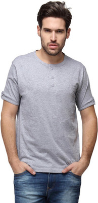

Campus Sutra Solid Men Henley Grey T-Shirt