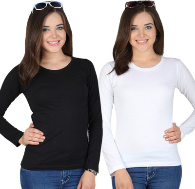 

SayItLoud Solid Women's Round Neck Black, White T-Shirt(Pack of 2)