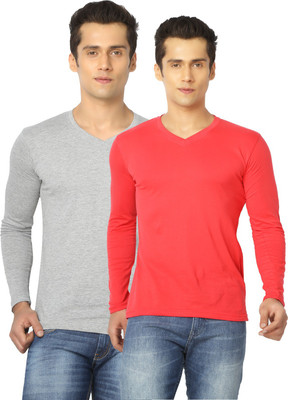 

Joke Tees Solid Men's V-neck Grey, Red T-Shirt(Pack of 2, Grey miilange;red