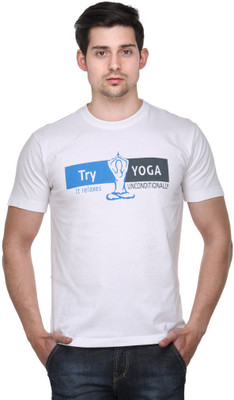

Friends of Meditation Printed Men's Round Neck White T-Shirt, Blue;white