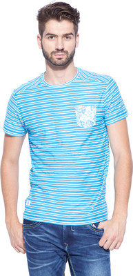 

Mufti Striped Men's Round Neck Blue, White T-Shirt, Turq