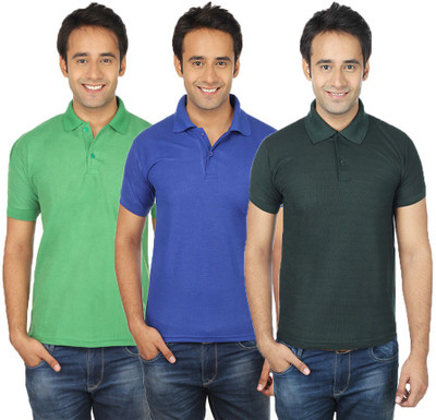 

Quetzal Solid Men's Polo Neck Multicolor T-Shirt(Pack of 3, Blue;green;light green