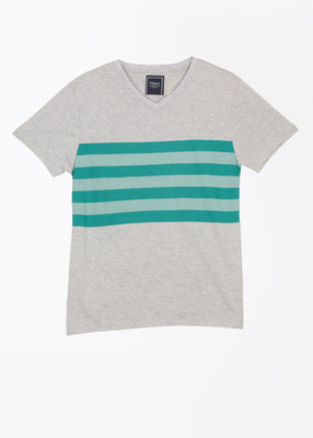 Flippd Striped Men' V-neck Grey T-Shirt, Grey milange
