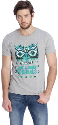 

Jack & Jones Printed Men's Round Neck Grey T-Shirt, Light grey melange