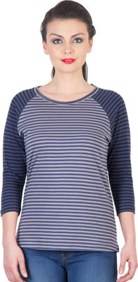 

Hypernation Striped Women' Round Neck Dark Blue, Grey T-Shirt