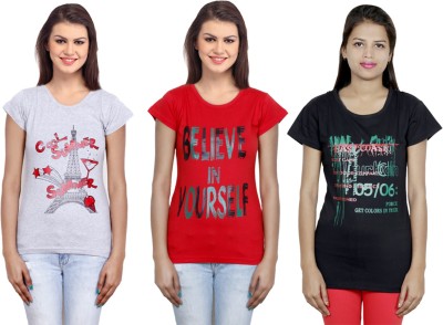 Indistar Printed Women Round Neck Red, Black, Grey T-Shirt