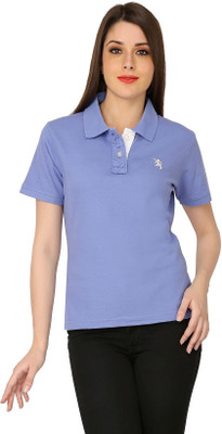 

The Cotton Company Solid Women's Polo Neck Blue T-Shirt