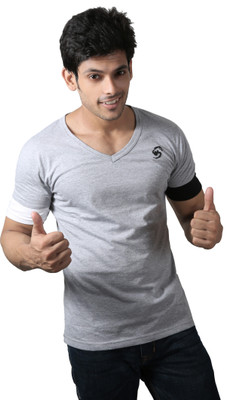 

Spur Self Design Men' V-neck Grey T-Shirt, Melange