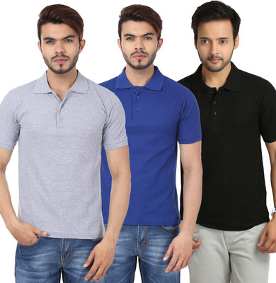 

Weardo Solid Men's Polo Neck Black, Blue, Grey T-Shirt(Pack of 3), Black;grey;royal blue
