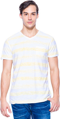 

Mufti Striped Men's V-neck Yellow, White T-Shirt