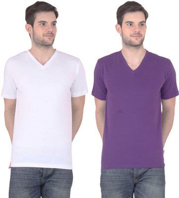 

FnMe Solid Men' V-neck Multicolor T-Shirt(Pack of 2, Purple;white