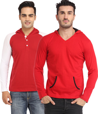 

Leana Solid Men's Hooded Multicolor T-Shirt(Pack of 2