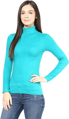 

Hypernation Solid Women's Turtle Neck Green T-Shirt, Jade green