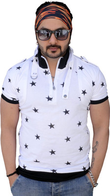 

Black Collection Printed Men's Flap Collar Neck White T-Shirt