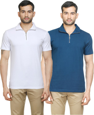 

Poshuis Solid Men's Polo Neck White, Blue T-Shirt(Pack of 2, White and petrol blue