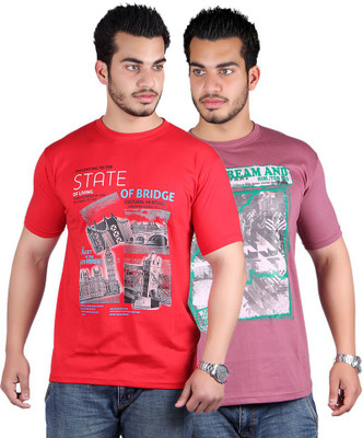 

Shineway Graphic Print Men's Round Neck Multicolor T-Shirt(Pack of 2, Magenta;red