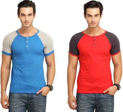 

Fio Solid Men' Henley Blue, Grey, Red T-Shirt(Pack of 2