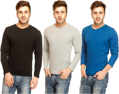 

Gritstones Solid Men's V-neck Multicolor T-Shirt(Pack of 3), Black;grey melange;indigo
