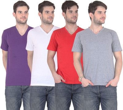 

FnMe Solid Men' V-neck Multicolor T-Shirt(Pack of 4, Grey;purple;red;white