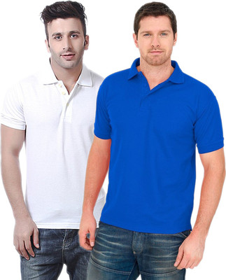 Concepts Solid Men Polo Neck White, Blue T-Shirt(Pack of 2)