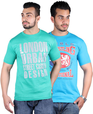 

Shineway Graphic Print Men's Round Neck Multicolor T-Shirt(Pack of 2, Green;turquoise