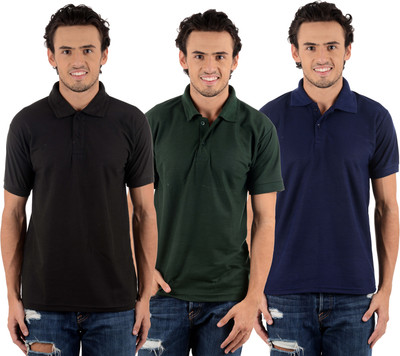 Blaze Solid Men's Polo Neck Multicolor T-Shirt(Pack of 3, Black;dark blue;dark green