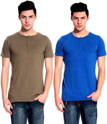 

Lemon & Vodka Solid Men' Henley Blue, Brown T-Shirt(Pack of 2