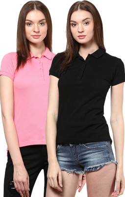 

Trend18 Solid Women's Polo Neck Black, Pink T-Shirt(Pack of 2)