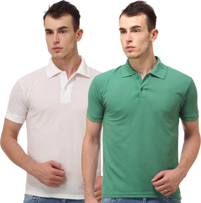 

Lime Solid Men's Polo Neck White, Green T-Shirt(Pack of 2)