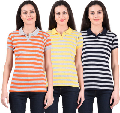 

NumBrave Striped Women's Polo Neck Orange, Yellow, Black T-Shirt(Pack of 3, Black;orange;yellow