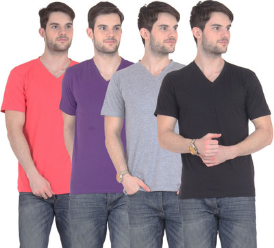 

E'Hiose Solid Men's V-neck Multicolor T-Shirt(Pack of 4, Black;carrot;grey;purple