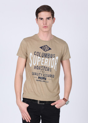 

People Printed Men' Round Neck Beige T-Shirt, Core khakhi